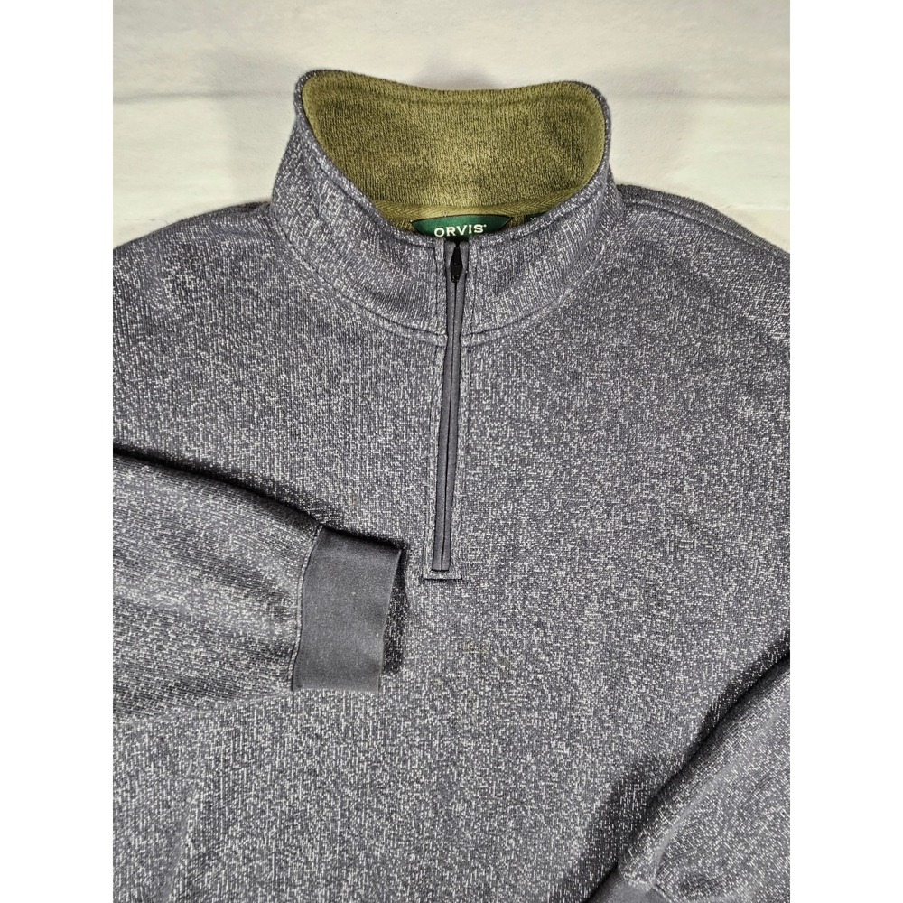 Orvis Mens XL Quarter Zip Pullover Marled Grey Olive‎ Green Fleece Lined Collar
